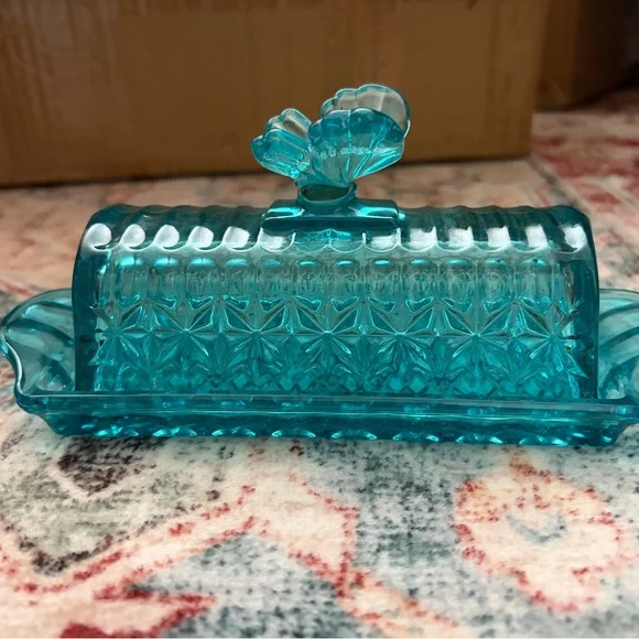 Vintage Teal Butterfly Glass Butter Dish - Picture 3 of 8